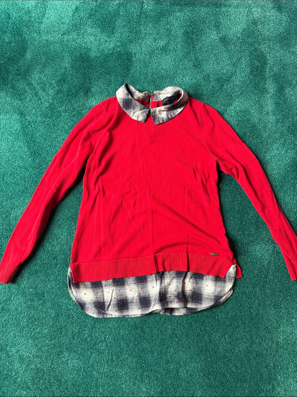 Tommy Hilfiger Red Layered-Look Sweater Top with Plaid Collar